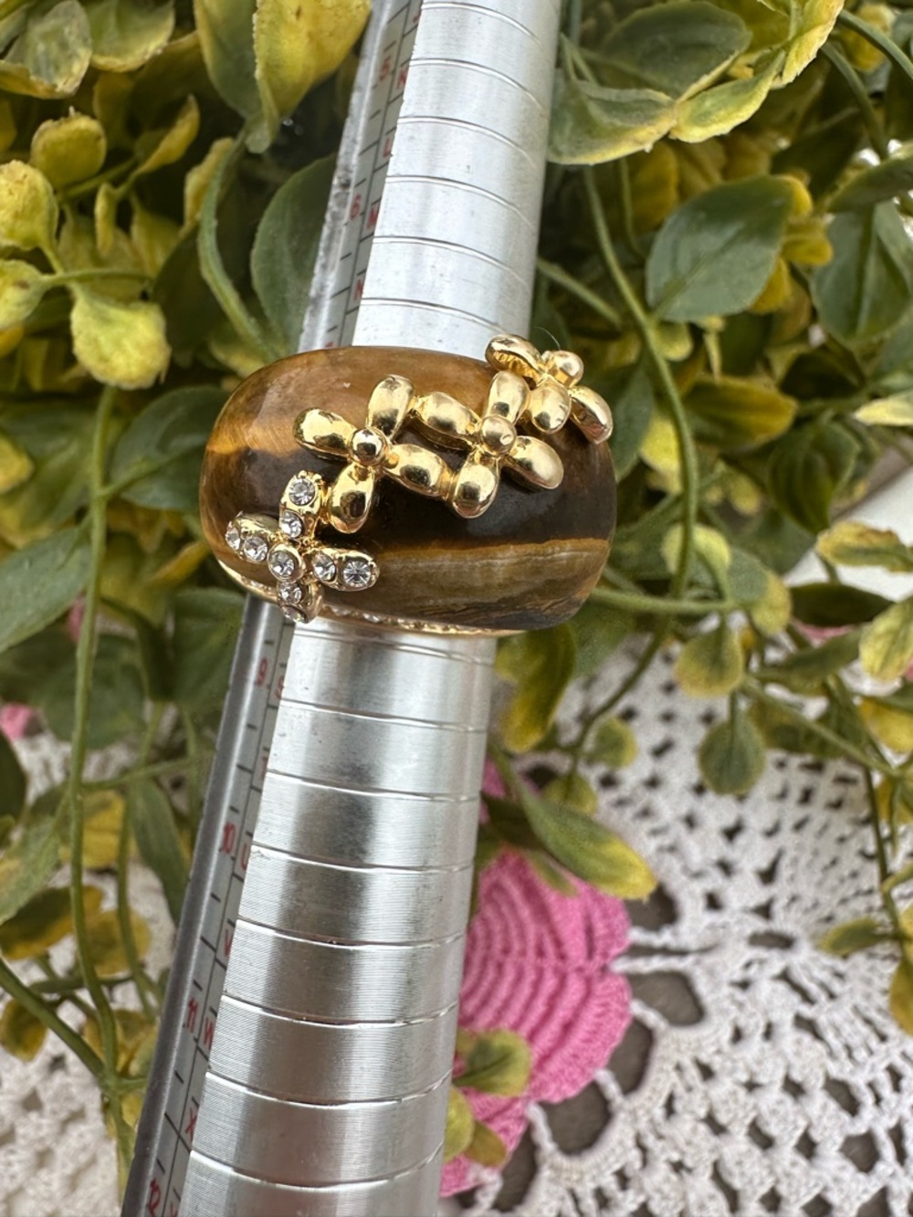 Camille Lucie Gold Accent Tiger's Eye Statement Ring - Brown and Gold